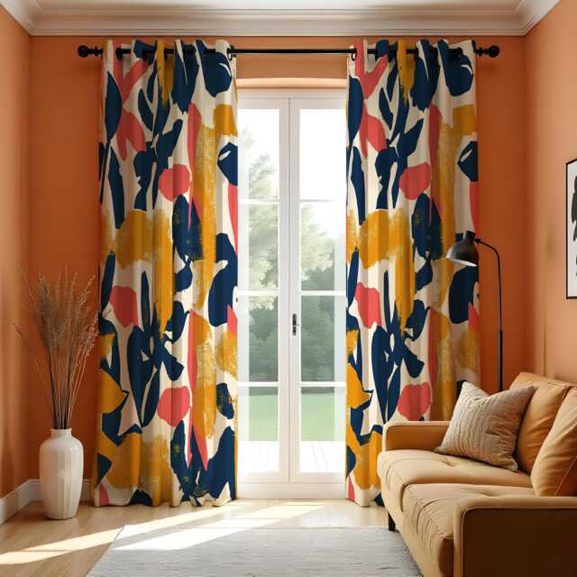 Abstract Brushstroke Curtains, Navy, Mustard & Coral Painterly Pattern Drapes, Modern Artistic Print Panels - image 1
