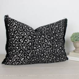 "Kilimanjaro Black Silver & White Leopard Cushion With Fringe 18"" X 14"
