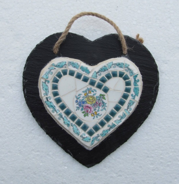 Mosaic Heart Wall Hanging Vintage Crockery On Slate - image 1