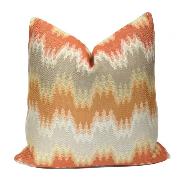 Winnett Guava Modern Ikat Flame Stitch Pillow Cover - Beige/Grey/Pink/Orange Designer Fabric Woven Throw Pillows - image 1