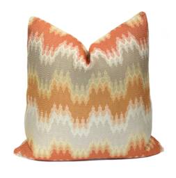 Winnett Guava Modern Ikat Flame Stitch Pillow Cover - Beige/Grey/Pink/Orange Designer Fabric Woven Throw Pillows - thumbnail 1