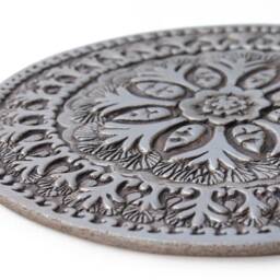 Decorative Tile With Suzani Design, Handmade Tile, Circle Wall Art, Outdoor Art Decor, Ceramic #4 30cm Aged Silver - thumbnail 3