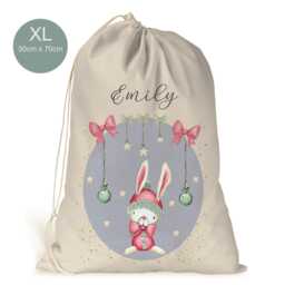 Personalised Xl Drawstring Christmas Sack/stocking.. Cute Pink Bunny..girls Xmas Present Sack Gift Bag.. 1st - thumbnail 2