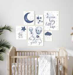 Navy Elephant Nursery Prints Moon, Stars, Hot Air Balloon - thumbnail 1