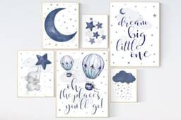 Navy Elephant Nursery Prints Moon, Stars, Hot Air Balloon - thumbnail 2