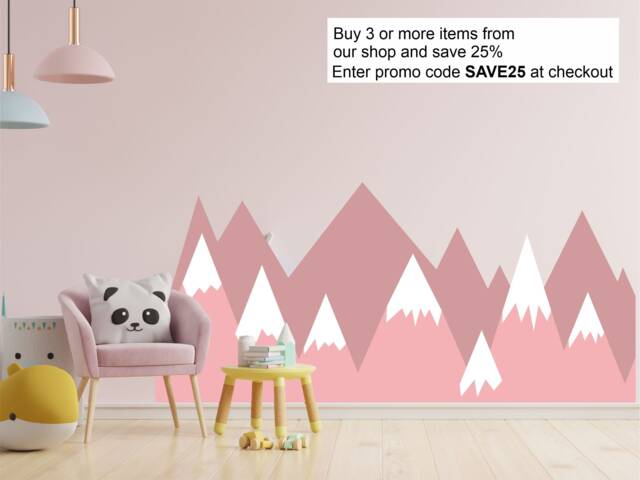 Scandinavian Nordic Nursery Mountains Wall Stickers Art Decal Pink - image 1