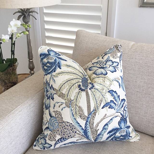 Exotic Palm Linen Cushion Cover Blue & White Hampton Style - image 1