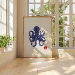 Japanese Octopus Wall Art Print, Blue Ink Marine Poster, Ocean Animal Illustration, Nautical Coastal Decor For Home Or Office - thumbnail 3