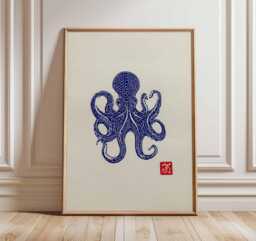 Japanese Octopus Wall Art Print, Blue Ink Marine Poster, Ocean Animal Illustration, Nautical Coastal Decor For Home Or Office - thumbnail 1