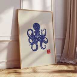 Japanese Octopus Wall Art Print, Blue Ink Marine Poster, Ocean Animal Illustration, Nautical Coastal Decor For Home Or Office - thumbnail 2
