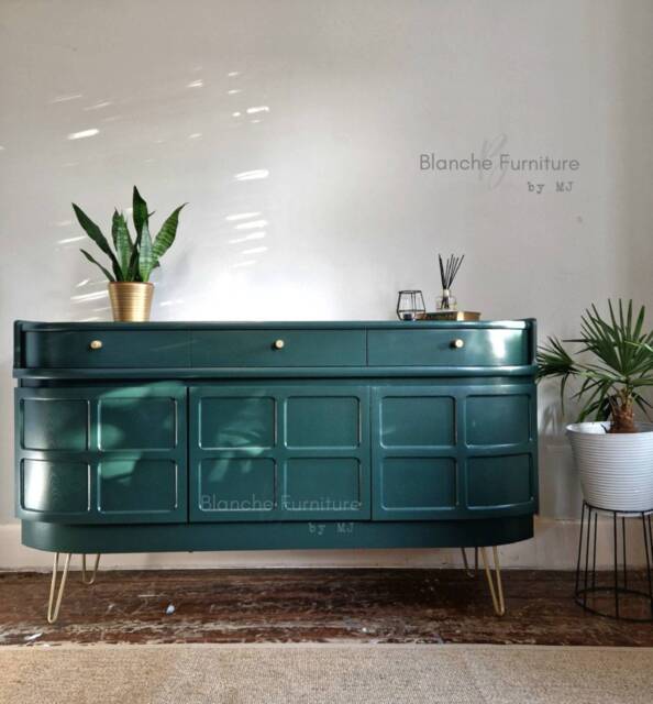 Mid Century Luxury Sideboard Nathan - Curved Teak Emerald Green Gold Hairpin Legs - image 1
