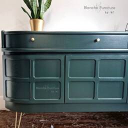 Mid Century Luxury Sideboard Nathan - Curved Teak Emerald Green Gold Hairpin Legs - thumbnail 2