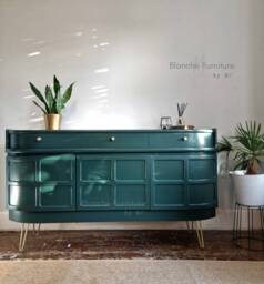 Mid Century Luxury Sideboard Nathan - Curved Teak Emerald Green Gold Hairpin Legs - thumbnail 1