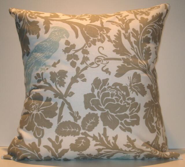 New 18x18 Inch Designer Handmade Pillow Case. Warm Grey Floral With Blue Bird