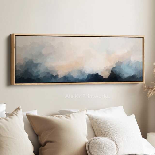 Dusky Blue Cloudscape Horizontal Wall Art Above Bed Framed Canvas Print in Navy Blue & Cream For Living Room Bedroom Or Office - image 1