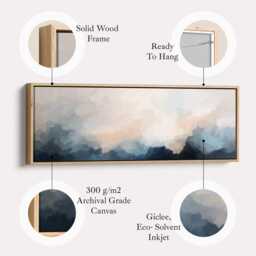 Dusky Blue Cloudscape Horizontal Wall Art Above Bed Framed Canvas Print in Navy Blue & Cream For Living Room Bedroom Or Office - thumbnail 2