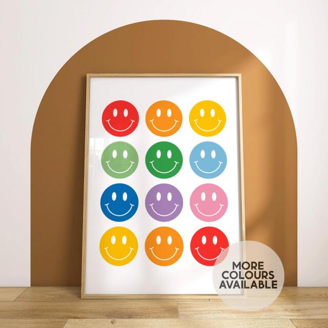 Smiley Faces Print -- Rainbow Playroom Print, Colourful Decor, Kids Cool Club, Poster, Unframed - image 1