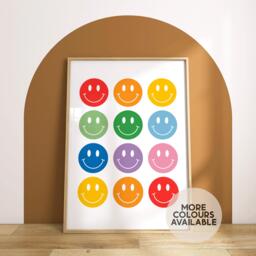 Smiley Faces Print -- Rainbow Playroom Print, Colourful Decor, Kids Cool Club, Poster, Unframed - thumbnail 1