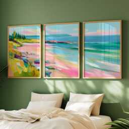 Beach Landscape Poster Set - Abstract Coastal Wall Art Pink Blue Shoreline Print Colorful Ocean Painting - thumbnail 2