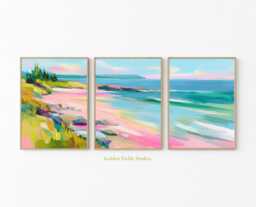 Beach Landscape Poster Set - Abstract Coastal Wall Art Pink Blue Shoreline Print Colorful Ocean Painting - thumbnail 1