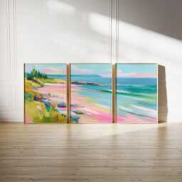 Beach Landscape Poster Set - Abstract Coastal Wall Art Pink Blue Shoreline Print Colorful Ocean Painting - thumbnail 3