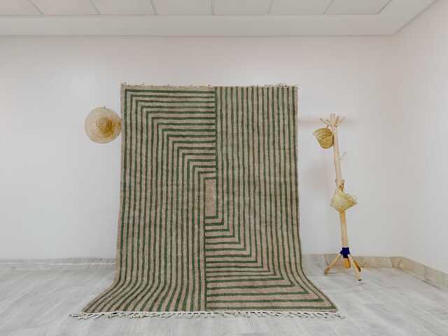 Beige & Green Moroccan Wool Rug - Handwoven Geometric Berber Carpet - Minimalist Natural Area Custom Handmade Floor Decor - image 1