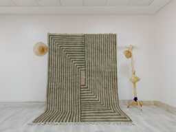 Beige & Green Moroccan Wool Rug - Handwoven Geometric Berber Carpet - Minimalist Natural Area Custom Handmade Floor Decor