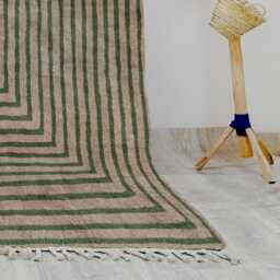 Beige & Green Moroccan Wool Rug - Handwoven Geometric Berber Carpet - Minimalist Natural Area Custom Handmade Floor Decor - thumbnail 3