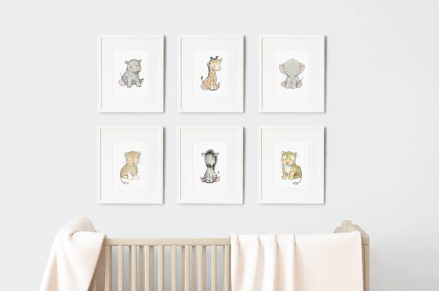 Set Of 6 Prints, Unframed Safari Baby Africa Animals, Giraffe, Elephant, Zebra & Lion, Gender Neutral, Unisex Nursery Art Print - image 1
