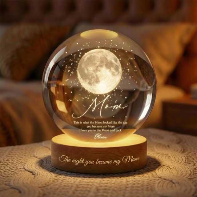 Personalized Moon Crystal Ball Night Light For Mom, Custom Birth Lamp, Engraved Glass Globe Gift, Mother's Day Keepsake - image 1