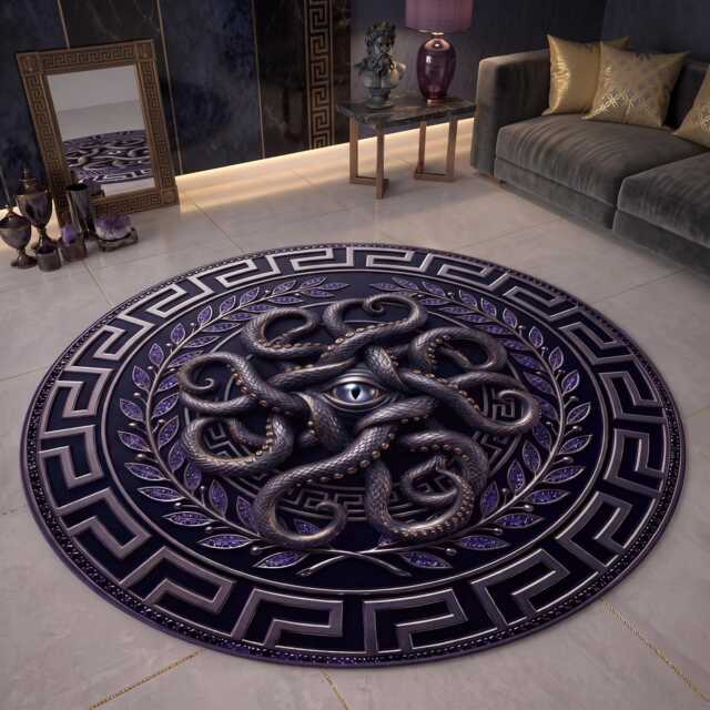Gothic Octopus Eye Round Rug, Greek Key Border, Dark Fantasy Floor Mat - image 1