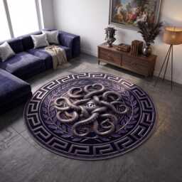 Gothic Octopus Eye Round Rug, Greek Key Border, Dark Fantasy Floor Mat - thumbnail 2