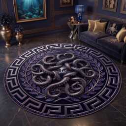 Gothic Octopus Eye Round Rug, Greek Key Border, Dark Fantasy Floor Mat - thumbnail 3