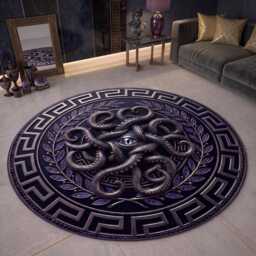 Gothic Octopus Eye Round Rug, Greek Key Border, Dark Fantasy Floor Mat