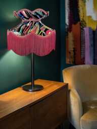 Handmade Botanical Velvet Lampshade Black Lush Fabric With Burgundy Fringe