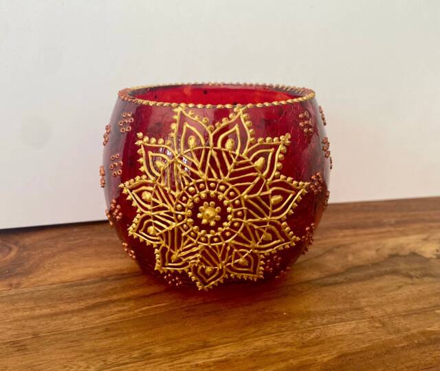 Madee Candle Holder - Hand Painted Red & Gold Holder, Christmas, Diwali, Eid, Hannukah Decor/Gift - image 1