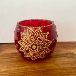 Madee Candle Holder - Hand Painted Red & Gold Holder, Christmas, Diwali, Eid, Hannukah Decor/Gift - thumbnail 3