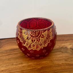 Madee Candle Holder - Hand Painted Red & Gold Holder, Christmas, Diwali, Eid, Hannukah Decor/Gift - thumbnail 4