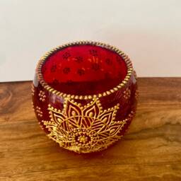 Madee Candle Holder - Hand Painted Red & Gold Holder, Christmas, Diwali, Eid, Hannukah Decor/Gift - thumbnail 2