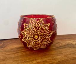 Madee Candle Holder - Hand Painted Red & Gold Holder, Christmas, Diwali, Eid, Hannukah Decor/Gift