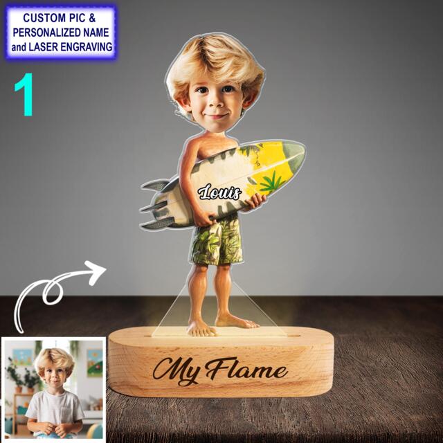 Funny Custom Surfer Night Light - Personalized Led Beach Lamp, Engraved Beech Wood Nightlight, Surfing Gift For Ocean Lovers - image 1