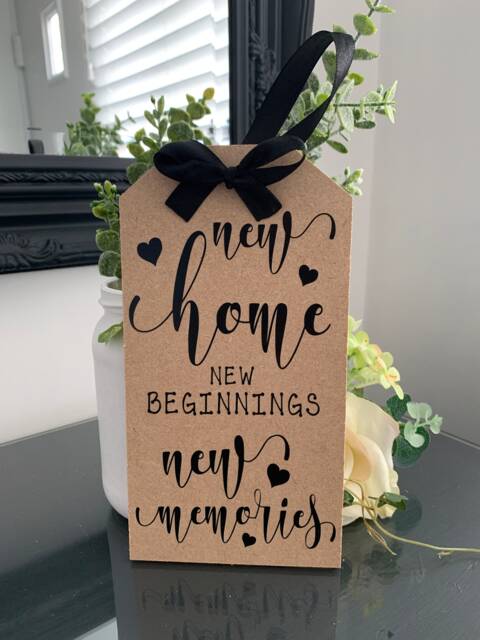 New Home Wooden Tag Sign, Satin Ribbon, Housewarming Gift - image 1