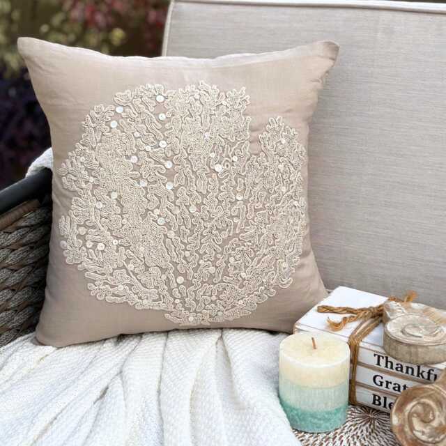 "Cotton Linen Beaded, Pearl Mocha Beige Sea Creatures Pattern, 24""x24""/26""x26" - image 1