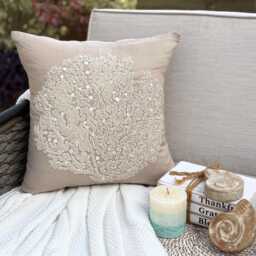 "Cotton Linen Beaded, Pearl Mocha Beige Sea Creatures Pattern, 24""x24""/26""x26" - thumbnail 2