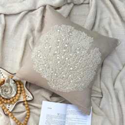 "Cotton Linen Beaded Coastal Mocha Beige Decorative Pillow Sham, 24""x24""/26""x26" - thumbnail 3