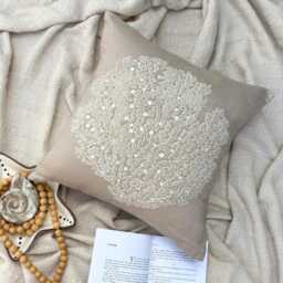 "Cotton Linen Beaded, Pearl Mocha Beige Sea Creatures Pattern, 24""x24""/26""x26" - thumbnail 3