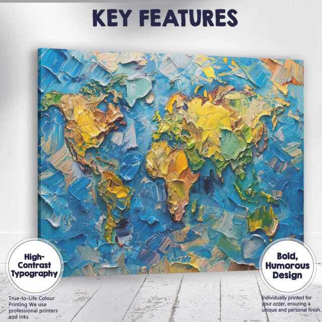 Textured World Map Impasto Oil Paint Abstract Artwork Canvas Wall Art Print Decor Picture Ready To Hang - image 1