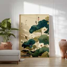 Japanese Lotus Flower Poster Green Beige Wall Art Botanical Illustration Print Serene Asian Nature Home Decor, Vintage - thumbnail 3