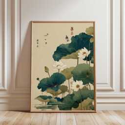 Japanese Lotus Flower Poster Green Beige Wall Art Botanical Illustration Print Serene Asian Nature Home Decor, Vintage - thumbnail 1