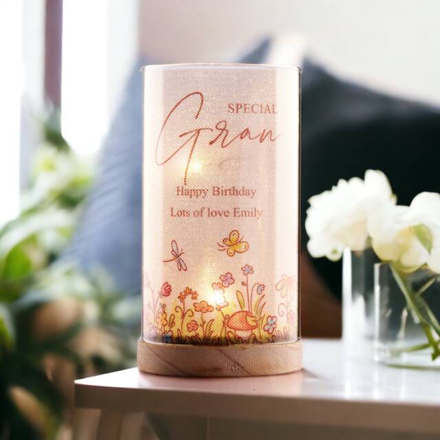 Personalised Gran Gift Floral Lamp With Wood Base Led Night Light - image 1